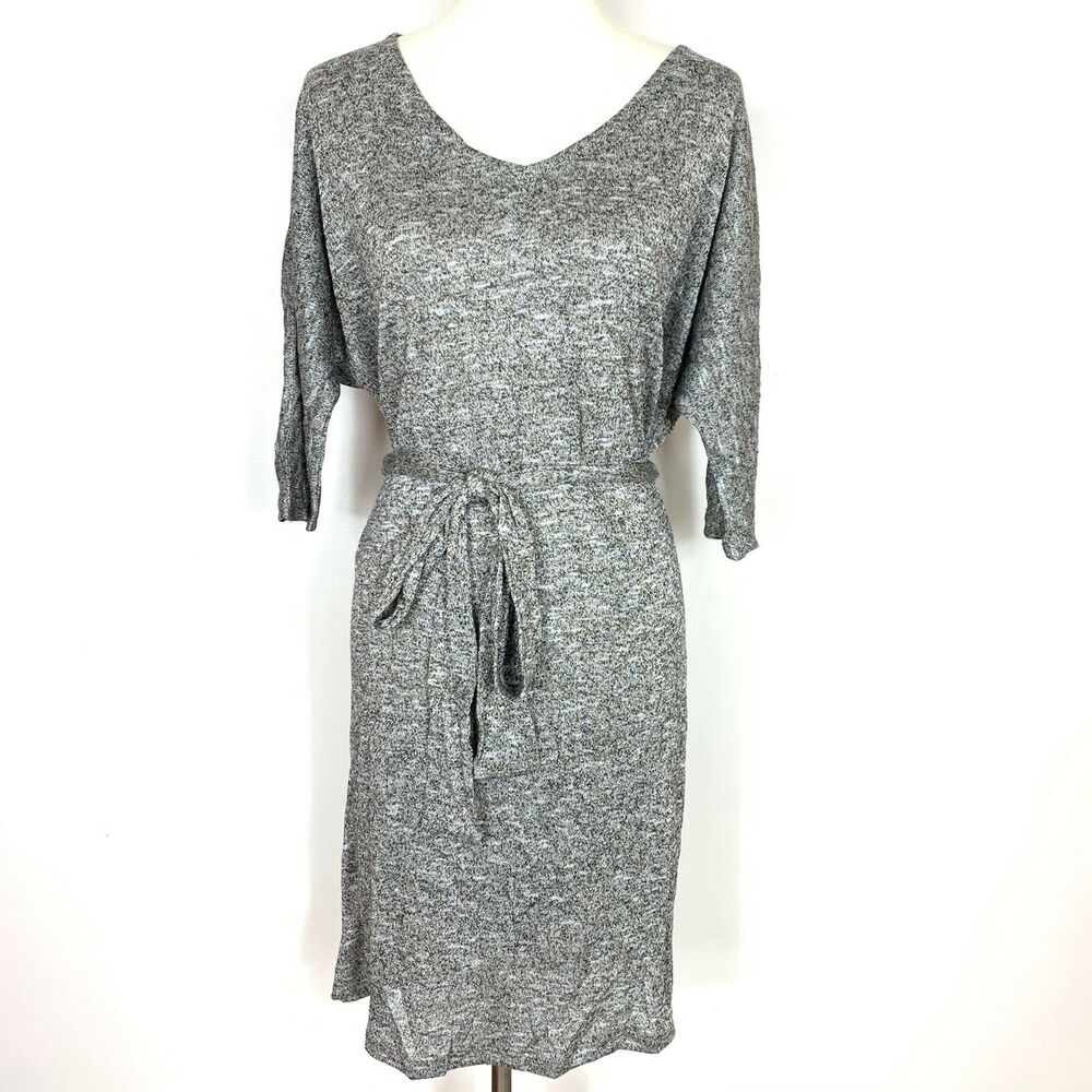 Lane Bryant Knit Dress Women 26/28 Gray Metallic Gold Belted V-Neck